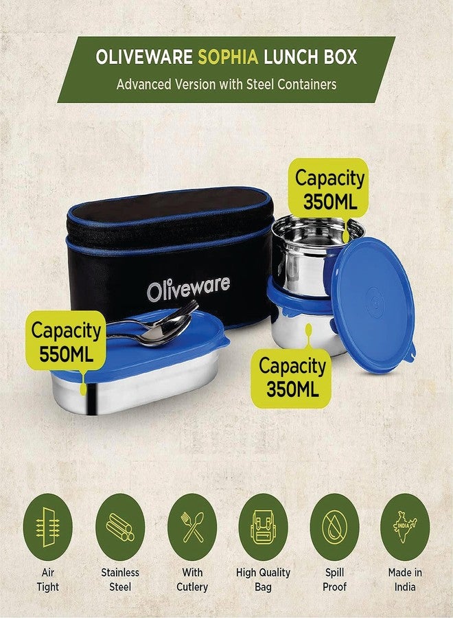 SOPL-OLIVEWARE علبة غداء صوفيا من أوليفوير، مع ملعقة وشوكة، مانعة للتسرب بنسبة 100%، 3 حاويات من الفولاذ المقاوم للصدأ بأغطية خالية من مادة BPA (550 مل، 350 مل، 350 مل)، حقيبة قماشية - أزرق - Image 2